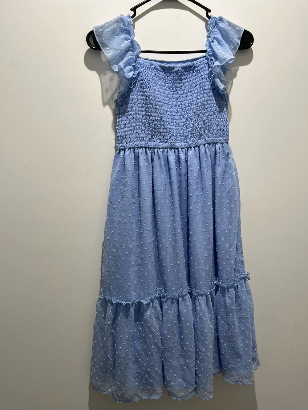 Girls' Light Blue Ruffled Smocked Midi Dress